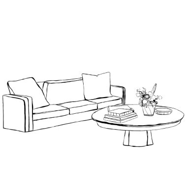 Oturma odasının iç kısmının el çizimi.