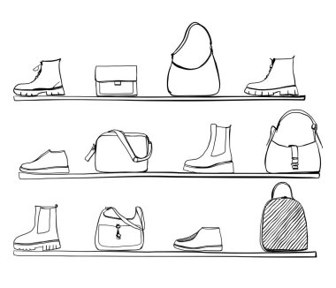 Kadın moda aksesuarlarının el çizimi tasviri. Raftaki ayakkabı ve çantaların yan görüntüsü. Sonbahar ve kış ayakkabıları, siyah beyaz çizmeler..