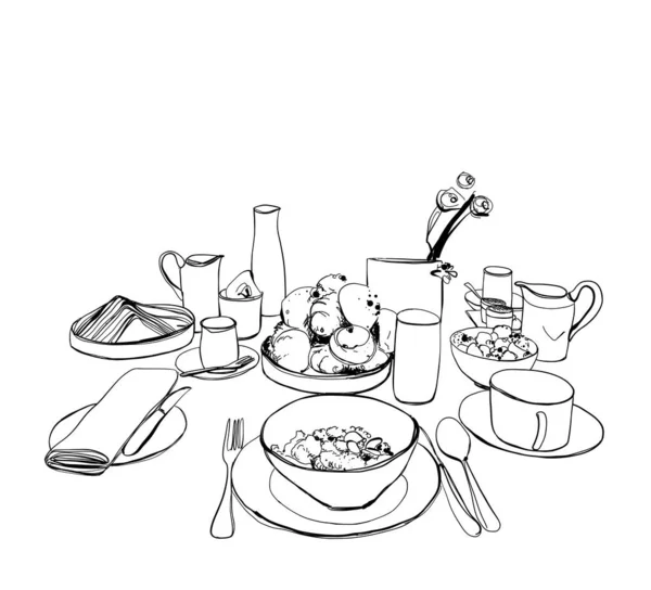 Hand Drawn Dinner Dishware Food Drink — Stock Vector