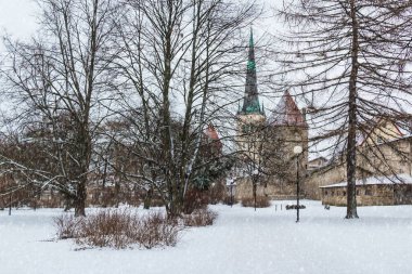 Karlı kış gününde Tallinn Eski Kasabası 'nın arka planında ve kulelerinde Kule' nin panoramik manzarası, Estonya