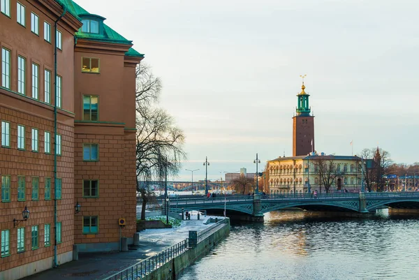 Стокгольм Швеція Грудня 2018 Панорамний Вид Річку Норрстром Мостом Вазаброна — стокове фото