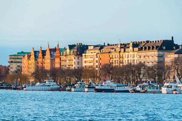 Belle Vue Sur Les Bateaux Sur Baie Riddarfjarden Bâtiment Historique — Photo