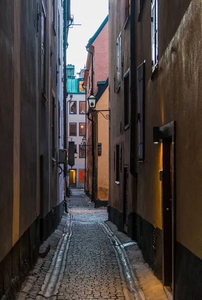 Perspectief Uitzicht Historische Gebouwen Overskargrand Alley Winterdag Stockholm Zweden — Stockfoto