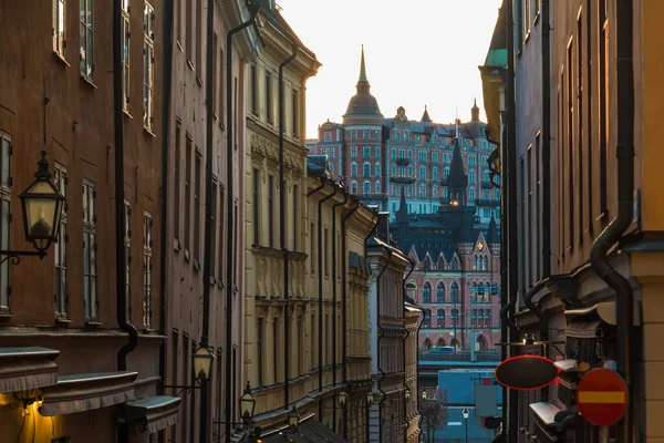 Перспективний Вид Історичних Будівель Вулиці Tyska Brinken Заході Сонця Стокгольм — стокове фото