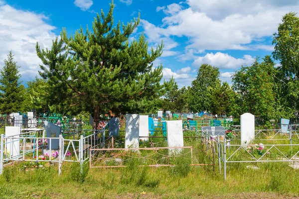 Güneşli yaz gününde Zaykovskoye Mezarlığı 'nda geniş çaplı mezar ve ağaçlar, Kurgan, Rusya