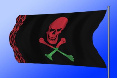 Üzerinde Jolly Roger resmi olan siyah korsan bayrağı sallıyordu. Beyaz Rusya bayrağının renkleriyle birleşmiş çapraz kemikleri vardı.