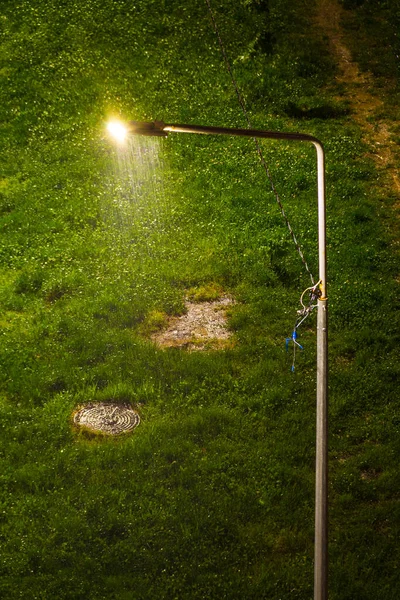 Aerial View Luminous Streetlight Rain Background Grass Night — Stock Photo, Image