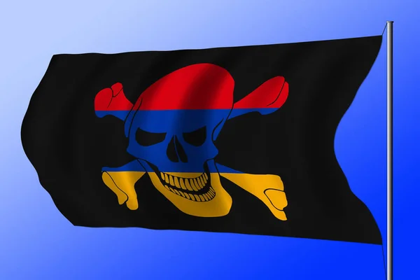 Waving black pirate flag with the image of Jolly Roger with crossbones combined with colors of the Armenian flag