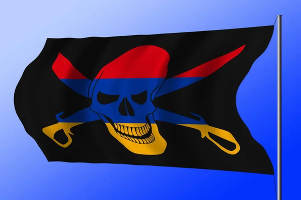 Waving black pirate flag with the image of Jolly Roger with cutlasses combined with colors of the Armenian flag