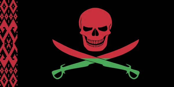 Black pirate flag with the image of Jolly Roger with cutlasses combined with colors of the Belarusian flag