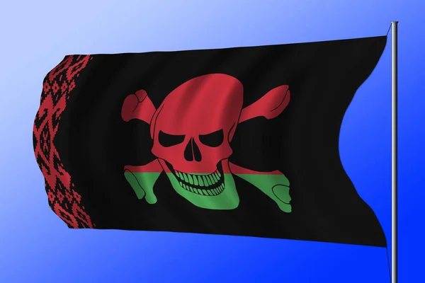 Waving black pirate flag with the image of Jolly Roger with crossbones combined with colors of the Belarusian flag