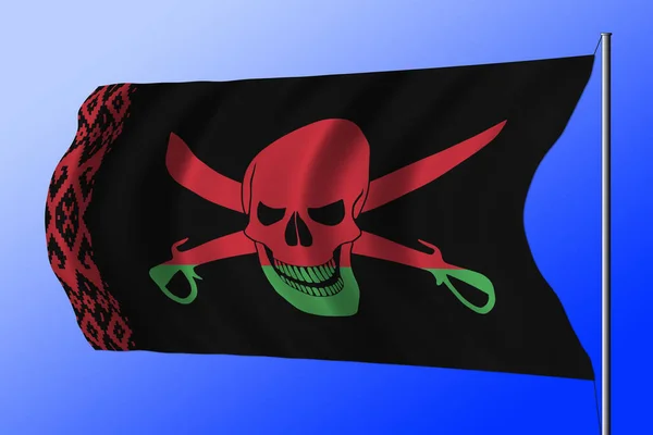 Mengibarkan Bendera Bajak Laut Hitam Dengan Gambar Jolly Roger Dengan — Stok Foto