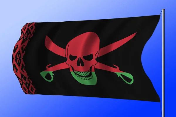 Waving black pirate flag with the image of Jolly Roger with cutlasses combined with colors of the Belarusian flag