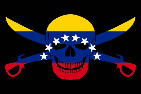 Black pirate flag with the image of Jolly Roger with cutlasses combined with colors of the Venezuelan flag