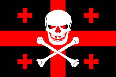 Black pirate flag with the image of Jolly Roger with crossbones combined with colors of the Georgian flag
