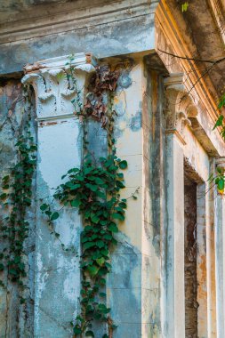 Corner of the abandoned building of the former restaurant on the top of Mount Akhun in autumn day, Sochi, Russia