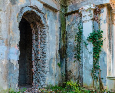 Corner of the abandoned building of the former restaurant on the top of Mount Akhun in autumn day, Sochi, Russia