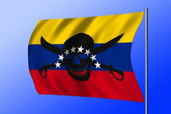 Waving Venezuelan flag combined with the black pirate image of Jolly Roger with cutlasses