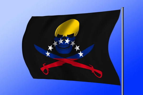 Waving black pirate flag with the image of Jolly Roger with cutlasses combined with colors of the Venezuelan flag