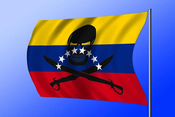 Waving Venezuelan flag combined with the black pirate image of Jolly Roger with cutlasses