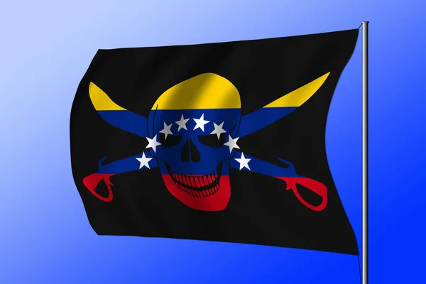 Waving black pirate flag with the image of Jolly Roger with cutlasses combined with colors of the Venezuelan flag