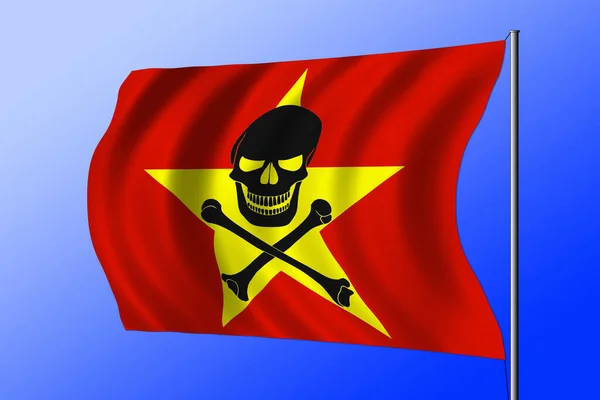 Waving Vietnamese Flag Combined Black Pirate Image Jolly Roger Crossbones — стокове фото