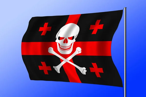 Waving black pirate flag with the image of Jolly Roger with crossbones combined with colors of the Georgian flag