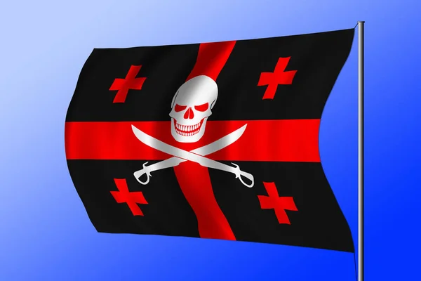Waving black pirate flag with the image of Jolly Roger with cutlasses combined with colors of the Georgian flag