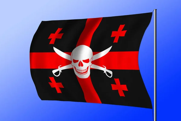 Waving black pirate flag with the image of Jolly Roger with cutlasses combined with colors of the Georgian flag
