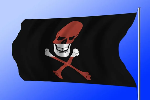 Waving black pirate flag with the image of Jolly Roger with crossbones combined with colors of the Latvian flag