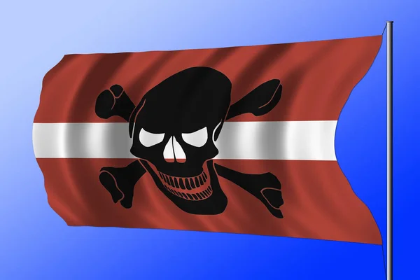 Waving Latvian Flag Combined Black Pirate Image Jolly Roger Crossbones — Stock Photo, Image