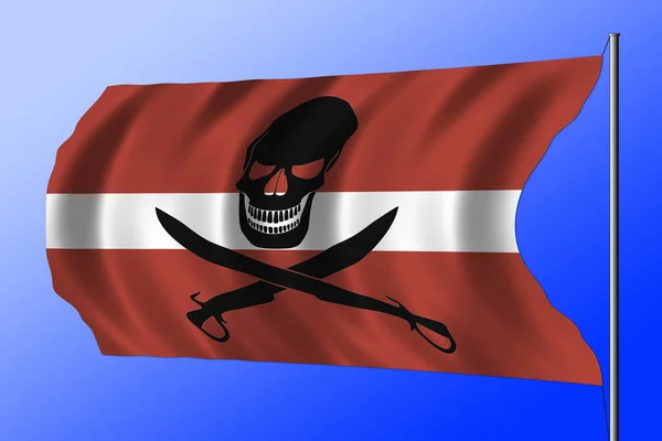 Viftande Lettisk Flagga Kombinerat Med Den Svarta Piratbilden Jolly Roger — Stockfoto