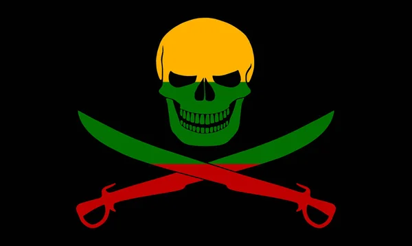 Black pirate flag with the image of Jolly Roger with cutlasses combined with colors of the Lithuanian flag