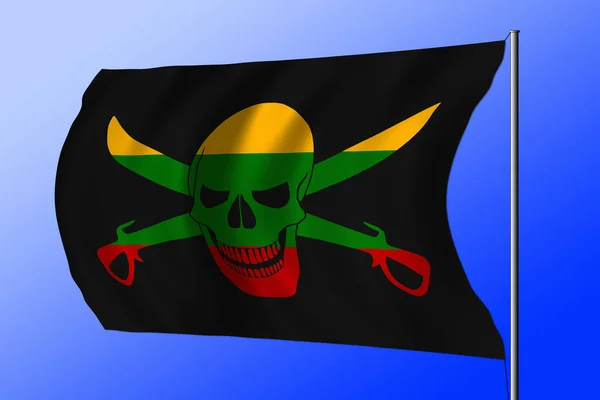 Acenando Bandeira Pirata Preta Com Imagem Jolly Roger Com Cutlasses — Fotografia de Stock