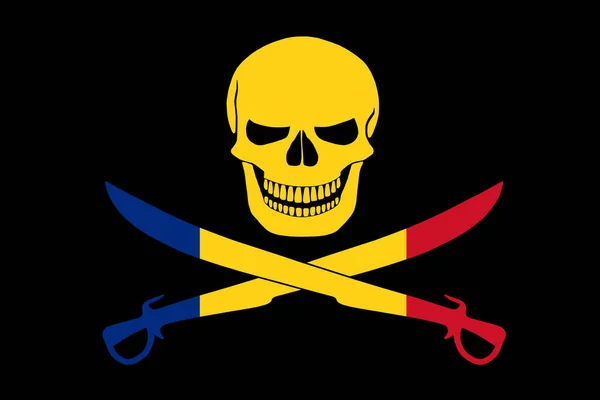 Black pirate flag with the image of Jolly Roger with cutlasses combined with colors of the Romanian flag