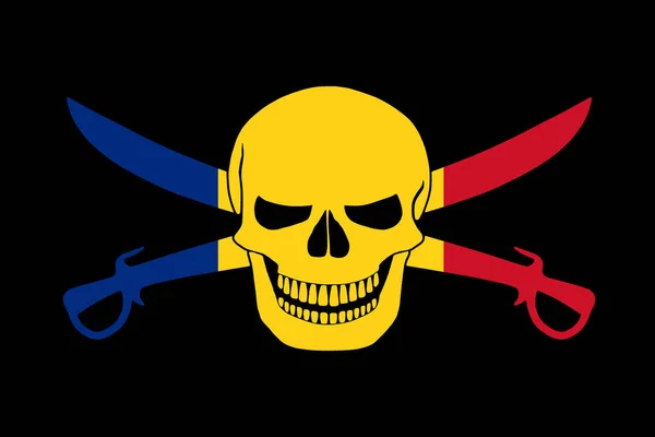 Black pirate flag with the image of Jolly Roger with cutlasses combined with colors of the Romanian flag