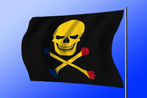 Ondeando Bandera Pirata Negra Con Imagen Jolly Roger Con Huesos — Foto de Stock