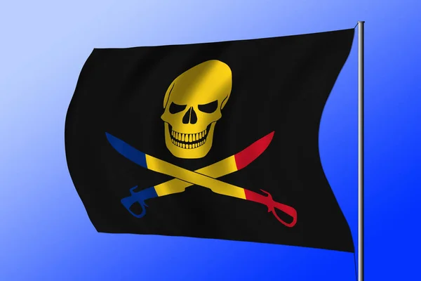 Waving Black Pirate Flag Image Jolly Roger Cutlasses Combined Colors — Stock fotografie