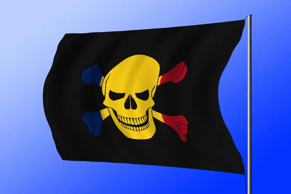 Waving black pirate flag with the image of Jolly Roger with crossbones combined with colors of the Romanian flag