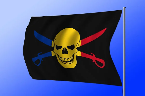 Waving black pirate flag with the image of Jolly Roger with cutlasses combined with colors of the Romanian flag