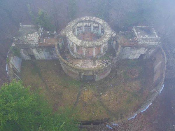 Drone View Abandoned Building Former Restaurant Top Mount Akhun Fog — Stock Photo, Image