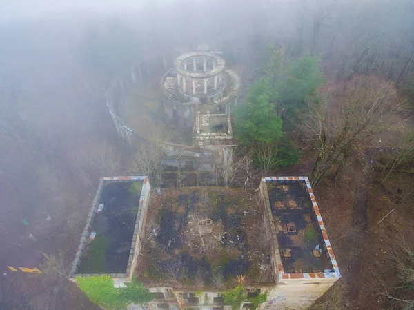 Drone View Abandoned Building Former Restaurant Top Mount Akhun Fog — Stock Photo, Image