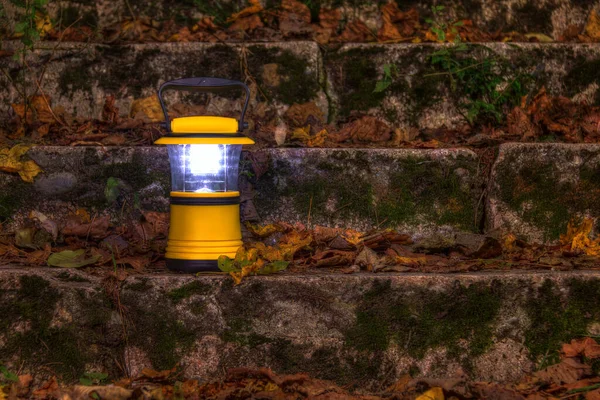 Luminous Hand Lantern Standing Dilapidated Stone Stairs Covered Grass Dry — Stockfoto