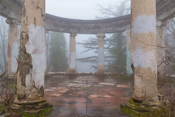 Rotunda Abandoned Building Former Restaurant Top Mount Akhun Dense Fog — стоковое фото