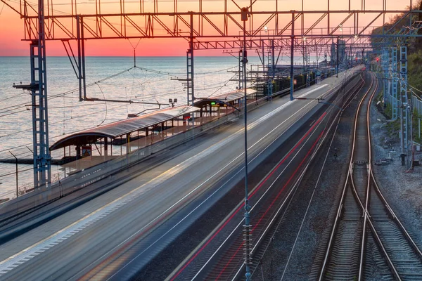 Aerial View Railway Station Motion Blurred Train Background Sea Sunset — Stock Photo, Image