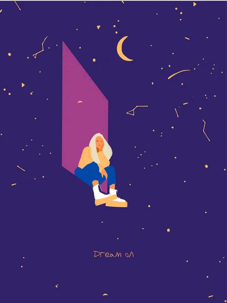 Personaje simple de mujer chica con universo noche estrellada — Vector de stock