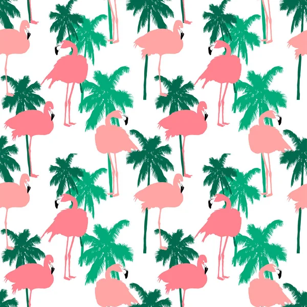 Sömlöst mönster med turkos grön tropisk djungelpalm och rosa flamingo — Stock vektor