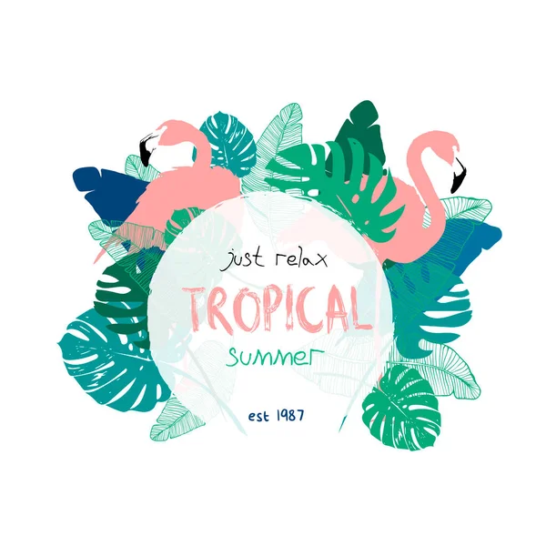 Pôster de verão floral tropical com folhas de flamingos e monstera — Vetor de Stock