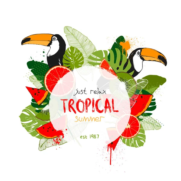 Векторная иллюстрация - тропический цветочный летний постер с туканами — стоковый вектор