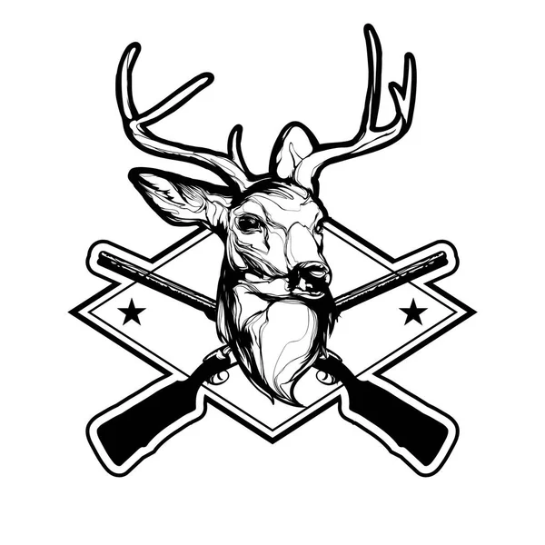 Голова оленя и оружие. Эмблема охотников на оленей. Векторная винтажная иллюстрация — стоковый вектор